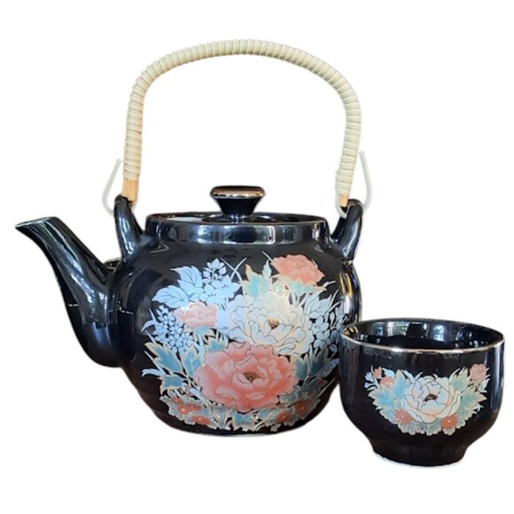 RARE Vintage Japanese Shibata 9pc Tea Set; Black Enamel w/Gold Accents - Picture 6 of 11